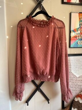 Women's Ruffle Neck Polka Dot Blouse - Rose